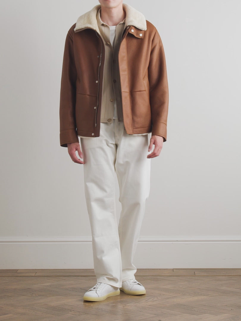 Men’s Tan Shearling Leather Jacket – Sheepskin Winter Coat with Stand Collar