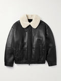 Black leather jacket with white shearling collar on a light gray background